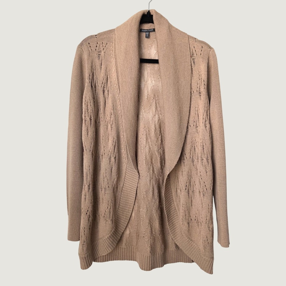 Eileen Fisher Tan Pointelle Diamond Knit Open Front Cardigan Shawl Collar XS